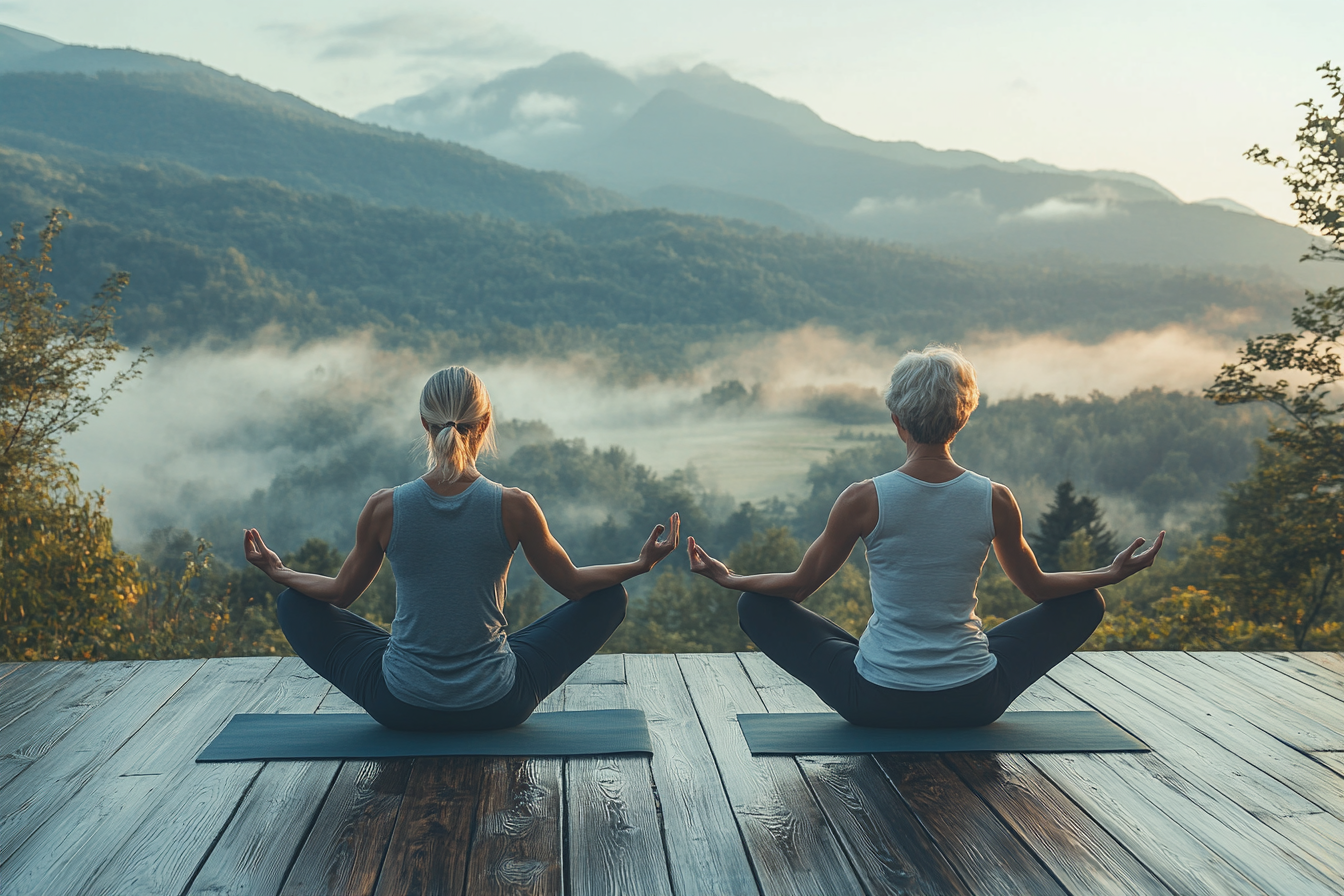 Інструктор йоги допомагає старшій жінці
